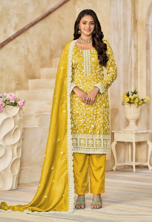 Embroidered Work Crush Straight Suit in Mustard for Women